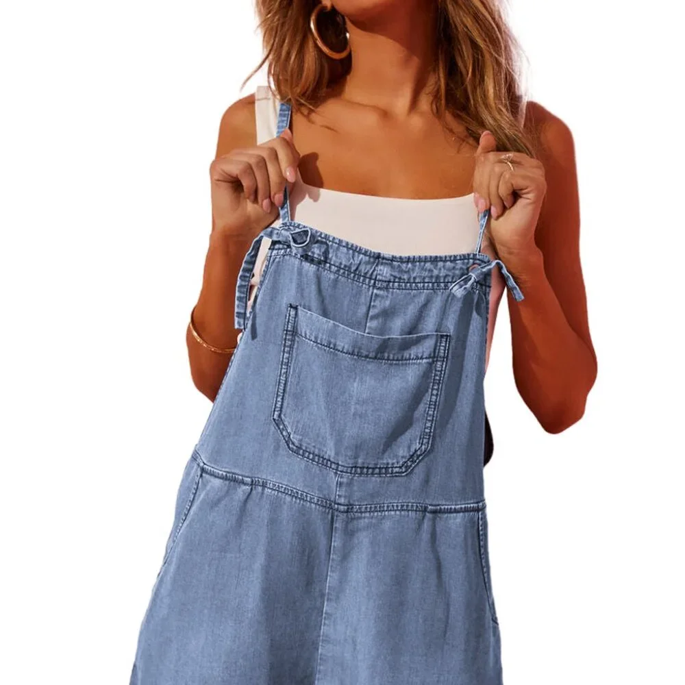 B239 Light Blue Grommet Tie Straps Casual Denim Romper - Picture 5 of 16